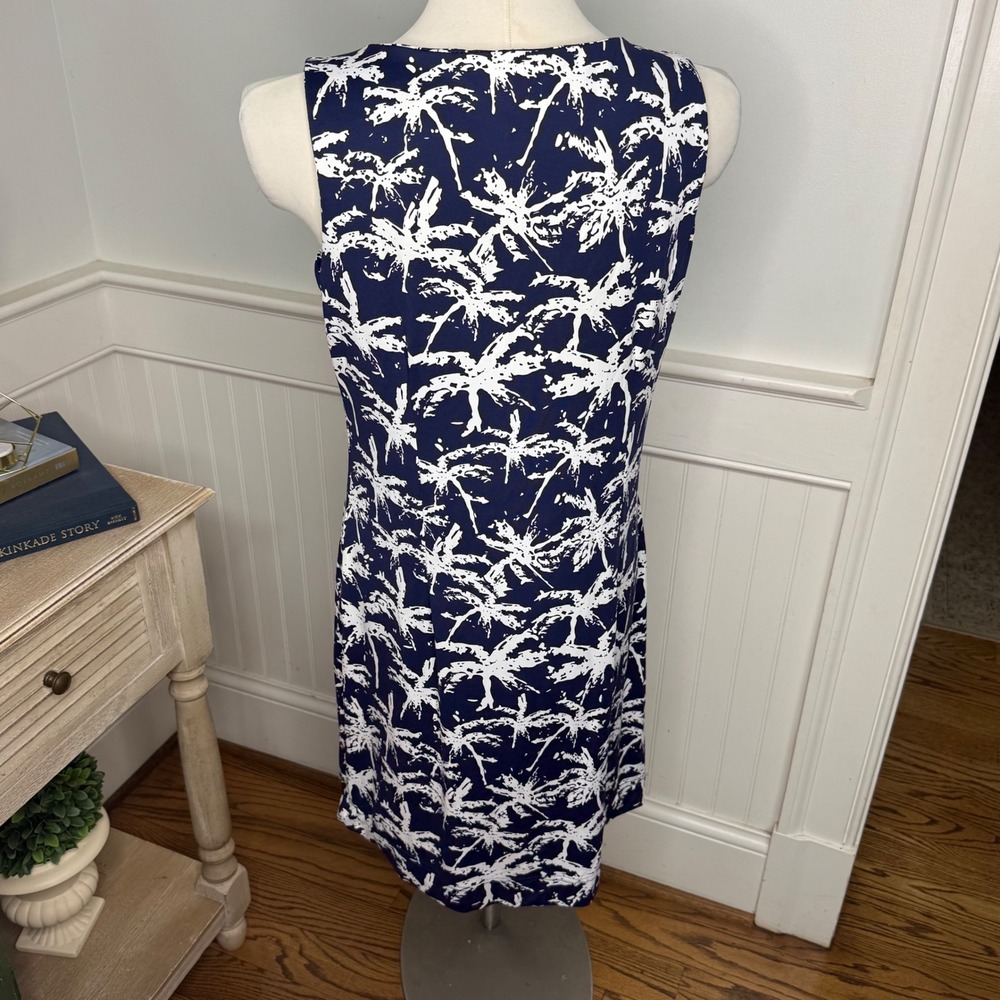 Lulu-B Palm Tree Print Sleeveless Shift Dress Navy Blue White Womens Medium - Picture 3 of 8